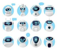 Chat bot icons, chatbot robots with message bubble vector