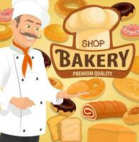 Bread and pastry, baker chef with bun vector