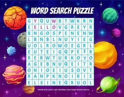 Word puzzle game grid with cartoon galaxy planets vector