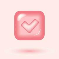 Check mark tick icon vector symbol, cartoon pink 3d checkmark isolated, checked icon or correct choice sign in round shape, checkbox poll vote pictogram