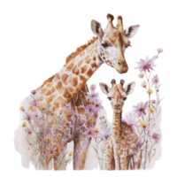 Ai Generate Mom And Baby Giraffe Floral Watercolor Painting png