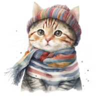 Ai Generate Cute cat wear knit hat cozy winter watercolor png