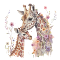 ai genereren mam en baby giraffe bloemen waterverf schilderij png