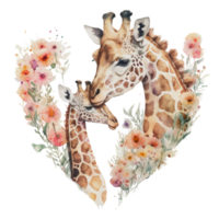 ai generieren Mama und Baby Giraffe Blumen- Aquarell Gemälde png