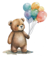 Ai Generate Cute Bear With Balloon Watercolor Painting png