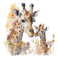 Ai Generate Mom And Baby Giraffe Floral Watercolor Painting png