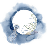 Marine Wreath with jellyfish and watercolor abstract spot. Hand drawn ocean illustration of underwater round frame with fishes and seaweed on isolated transparent background. Sea background for icon. png