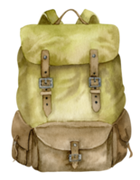 Watercolor Vintage Backpack. Hand drawn watercolor illustration of travel bag for adventure or camping on isolated transparent background. Drawing of luggage for tourism trip or hiking. Back pack. png