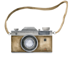 Vintage watercolor Camera. Hand drawn illustration of old retro analog equipment with lens for photography on isolated transparent background. Colorful drawing of objective for travel or adventure. png