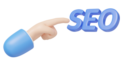 3D finger pointing at SEO floating isolated on transparent. businessman's hand and Search Engine Optimization icon. Marketing online, E commerce concept. Cartoon minimal. 3d rendering. png