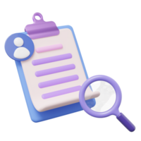 3d CV resume for job search icon on transparent. Interview document on clipboard, magnifying glass. Personal profile icon for worker HR search, human resources concept. Cartoon smooth. 3d rendering. png