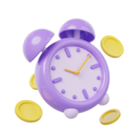 3d alarma reloj, dinero moneda. púrpura Clásico reloj con gemelo campana a 10.10 flotante aislado en transparente. hora gestión, hora acuerdo concepto. dibujos animados icono liso. 3d representación. png