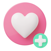 3d heal icon. Red heart with green plus symbol isolated on transparent. Add favorites, bookmark, medical healthcare, healthy lifestyle symbol concept. Cartoon icon smooth. 3d rendering. png