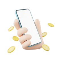 3d Mensch Hand halten Handy, Mobiltelefon Telefon Symbol. Mann halt Smartphone leer Weiß Bildschirm mit Gold Münze Verbreitung schwebend auf transparent. Attrappe, Lehrmodell, Simulation Raum zum Anzeige Anwendung. Geschäft Karikatur. 3d Symbol machen. png