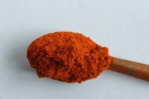 Paprika powder in a wooden spoon on a white background. photo