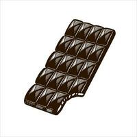 A dark chocolate bar, a bitten off dark chocolate bar, an icon with a chocolate bar on a white background. Decorative elements for patterns, packages, menus. Stock vector illustration