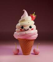 3d rápido comida prestar. personaje hielo crema cono en rosado dulce colores. foto