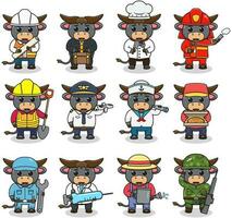 Cartoon Buffalo in professional uniform. Vector set of Buffalo different professions. Vector characters with jobs different occupation. Different jobs professionals. Isolated vector icons set