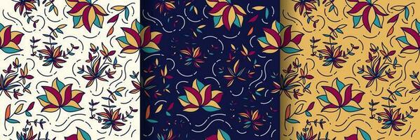 Seamless Floral Pattern with Cartoon Style in Three Background Variations. Flower Motif. Suitable for Wallpaper, Wrapping Paper, Background, Fabric, Textile, Apparel, and Card Design vector