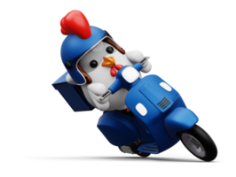 Cute chicken riding scooter, delivery chicken, 3d rendering png