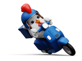 schattig kip rijden scooter, levering kip, 3d renderen png