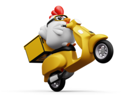 schattig kip rijden scooter, levering kip, 3d renderen png