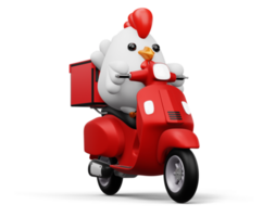 schattig kip rijden scooter, levering kip, 3d renderen png