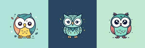 Cute baby owl mascot kawaii cartoon bird illustration set collection vector