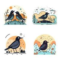 Cute Crow bird set collection kawaii cartoon illustration vector