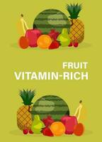 Green background Fruit and berries vector banner. Vegetarian Food set. Strawberries, banana and pomegranate Illustation of fruit Pineapple or Apple. Orange, Watermelon apricot, pear, cherry.