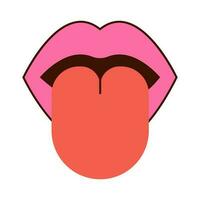 Mouth with tongue sticking out, lips blowing pink and open mouth with eye. Various mimic emotions and facial expressions. Vector illustration in vintage retro style. Flower.