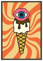 Ice Cream vintage, retro, 70s vector poster summer and spring. Swirling radial orange background. Beach holiday shop.