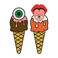 Abstract groovy ice cream cone with eye. 70s, 80s, 90s vibes funky food sticker. Retro dessert vector illustration. Vintage nostalgia element for card, poster design and print.