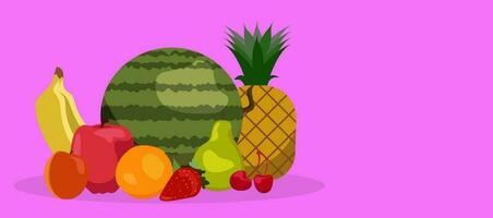 Fruit set and berries vector banner. Vegetarian Food Strawberries, banana and pomegranate Illustation of fruit Pineapple or Apple. Orange, Watermelon apricot, pear, cherry.