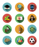 Flat education circle icons set with long shadow effect png