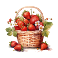 Watercolor strawberries in basket. Illustration png