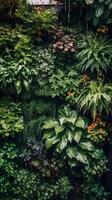 Vertical garden ornamental plant background backdrop portrait. Fern, vine, green leaves, nature wallpaper, decorative wall. photo