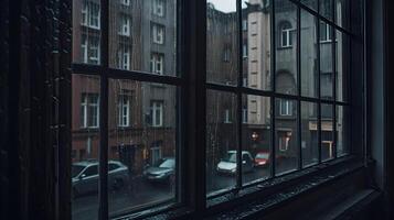 lluvia gotita desde pesado lluvia a el vaso ventana ver desde dentro el departamento. lluvioso día afuera. foto