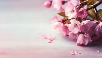 Sakura flowers or Cherry blossoms in full bloom on a pink background and backdrop, copy space for text, good as banner and wallpaper, season greetings, and other design material. photo