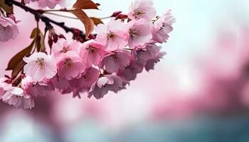 Sakura flowers or Cherry blossoms in full bloom on a pink background and backdrop, copy space for text, good as banner and wallpaper, season greetings, and other design material. photo