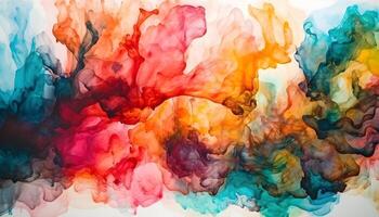 Colorful alcohol ink mixing texture. Fluid ink mix abstract background in liquid. Multicolor ink isolated on white background dissolving in water. photo