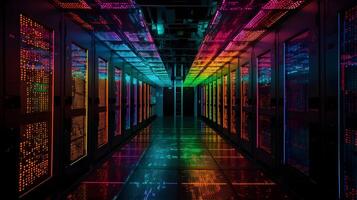 Dark colorful data center or server room rack and lot of data light indicator. Information technology, cyberspace data collection, networking database station. photo