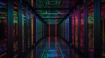 Dark colorful data center or server room rack and lot of data light indicator. Information technology, cyberspace data collection, networking database station. photo