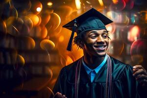 Portrait of black american young man wearing a graduation cap dancing at the party. Festive bokeh background. illustration photo