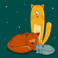 Sleeping cat on a turquoise background. Yellow cat watching everything. Three cats. Vector. EPS10 vector