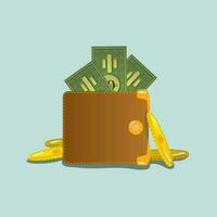 Brown wallet with green paper dollar bills and gold coins spilling out, on a cartoon style background. Icon, vector