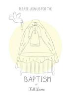 Baptism Invitation Template Baby Cradle with Baptismal Gown and Dove Peace in Doodle Style vector