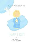 Cute Girl Holding a Candle and a white Dove of Peace flying with a Cross in its Beak Baptism Invitation Template in a Watercolor Style vector