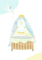 Baptism Invitation Template Baby Cradle with Baptismal Gown and Dove Peace in Watercolor Style vector