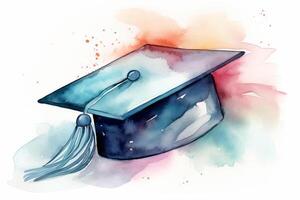 Graduate cap with watercolor stains and splashes. Study, education, university, college, graduate symbol. illustration photo